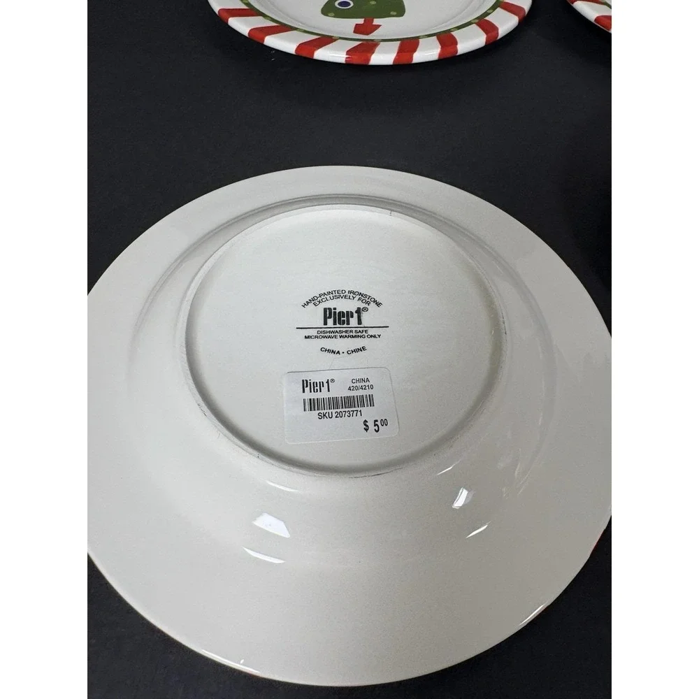 Pier1 Hand-Painted Ironstone China Christmas Tree Plates (4) 8in Holiday